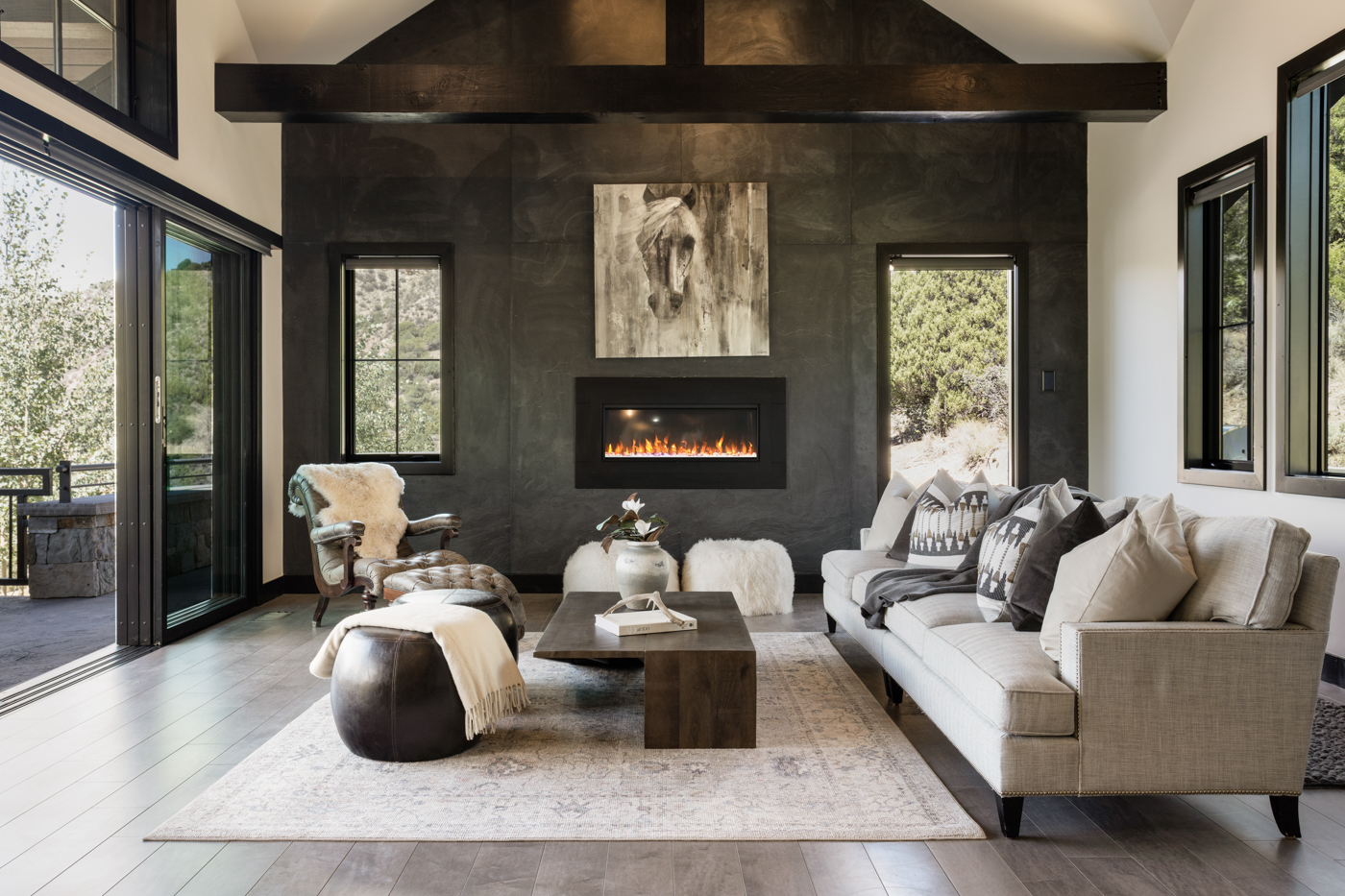 Vaulted great room with timber beams
